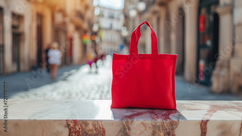 Red shopping bag on the street in the center of Rome, Italy