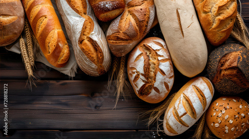 Assortment of baked bread on wooden background. Top view with copy space
