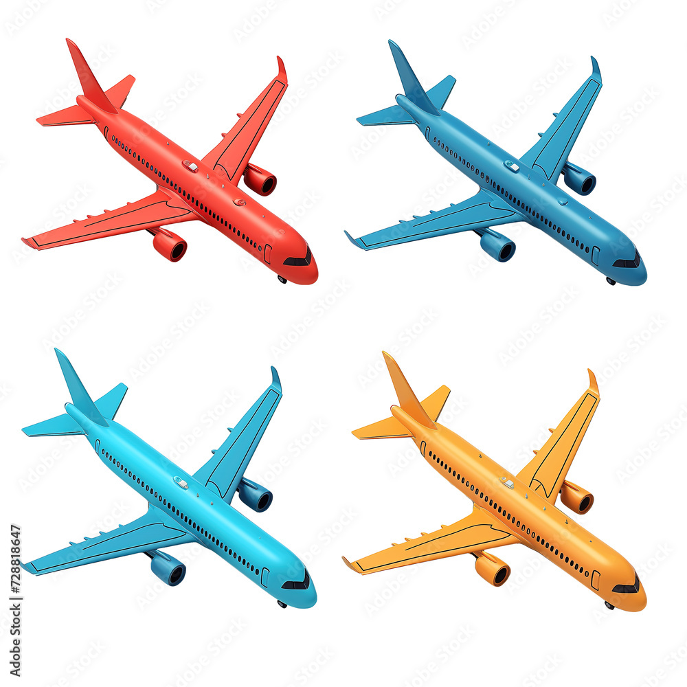 Set of colorful aircrafts 3d icon isolated on transparent background