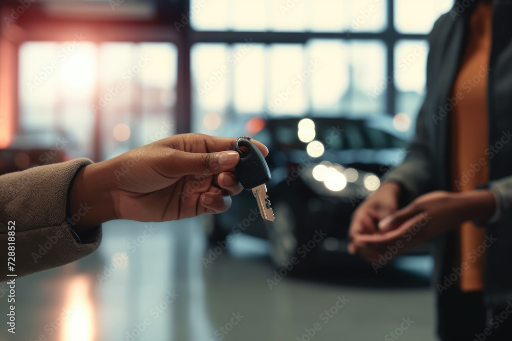 woman hand extends a car key in focus, with the warm bokeh of a car showroom's lights in the background