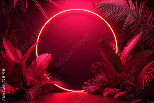 Dark red tropical background with palm leaves and neon lights.