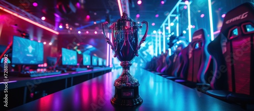 The winner trophy standing on the stage on stylish neon lights background. AI generated image © saifur