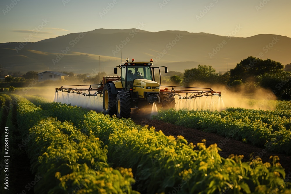 Naklejka premium Farm Efficiency: A Tractor Drives Through the Fields, Performing Vital Irrigation Tasks to Maximize Crop Yield and Quality