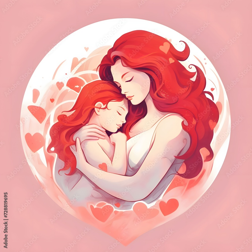 Mother hugging and daughter around the heart in a circle pink red background. Heart as a symbol of affection and love.