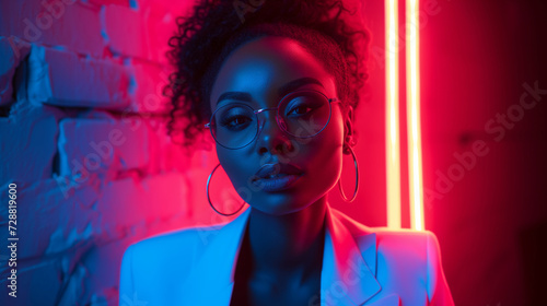 Stylish woman posing in red and blue neon light on the night street, African American curly model wearing white suit and glasses