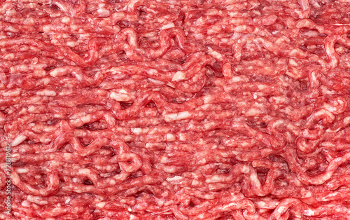 Fresh beef minced meat texture for background, view from above. Raw beef forcemeat. photo