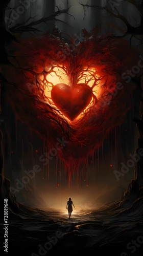 Silhouette of a Woman in a dark forest at the top of a heart, created from roots and the penetrating rays of the setting sun. Heart as a symbol of affection and love.