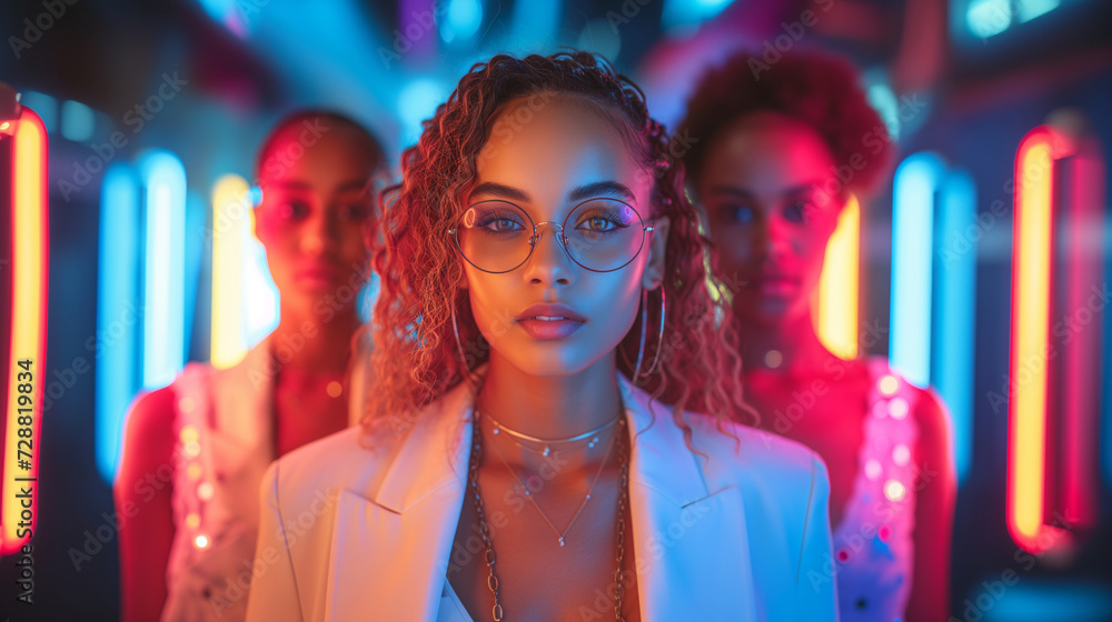 Group stylish women posing in red and blue neon light on the night street, African American curly model