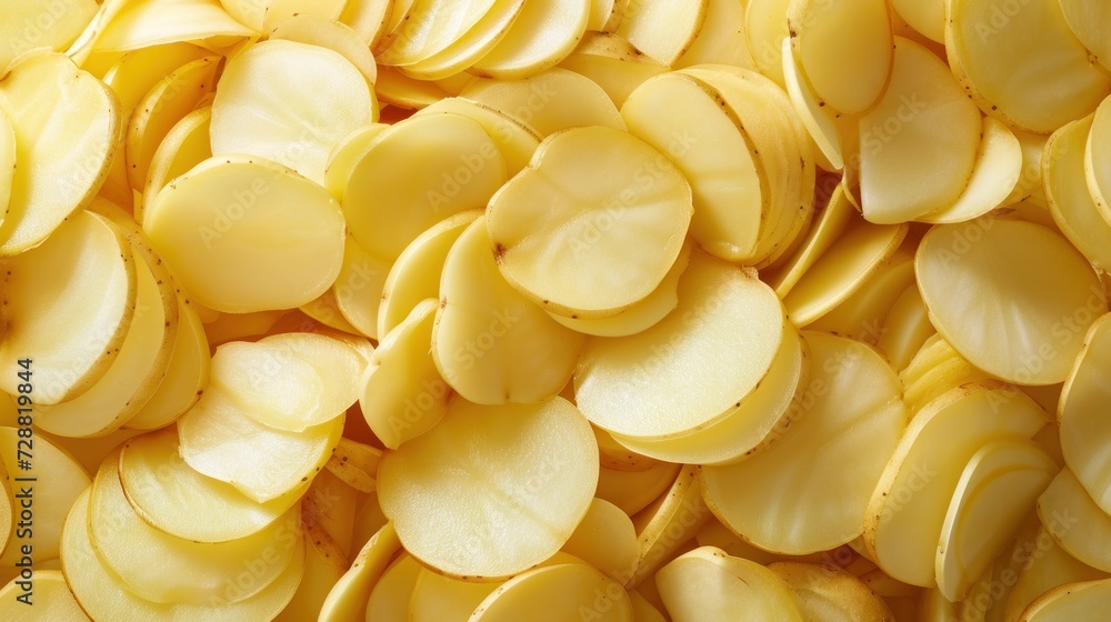 a pile of sliced yellow potatoes sitting on top of a pile of sliced yellow potatoes on top of a pile of sliced yellow potatoes on top of sliced yellow potatoes. a pile of sliced yellow potatoes sitting on top of a pile of sliced yellow potatoes on top of a pile of sliced yellow potatoes on top of sliced yellow potatoes.