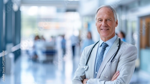 Smiling male doctor in lab coat with stethoscope, team in background
