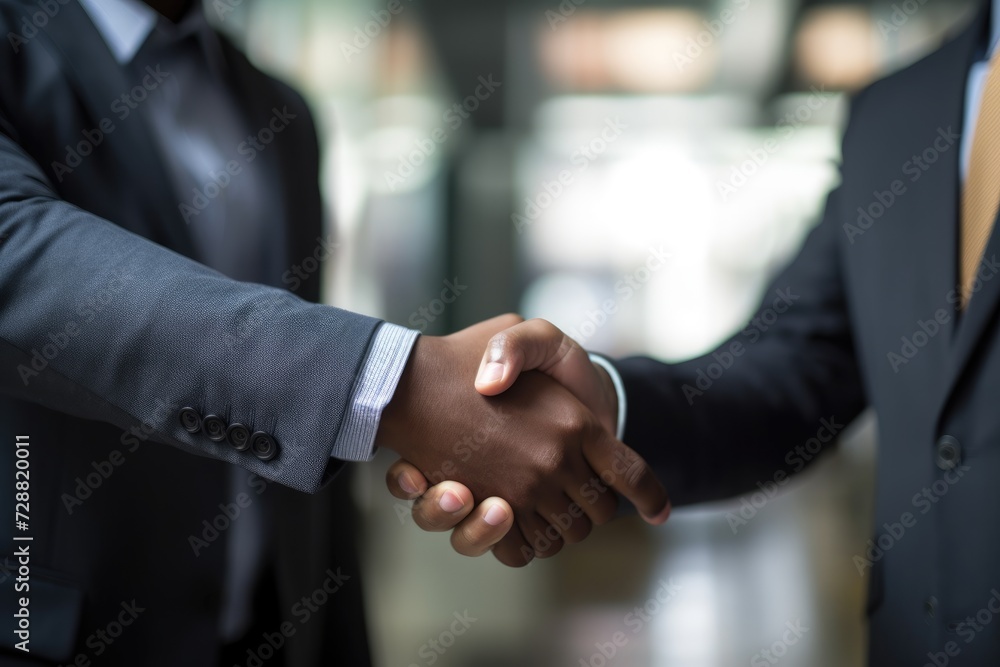 Two professionals in suits engage in a handshake, close up capturing the detail and symbolism of this gesture of partnership and mutual respect Two professionals in suits engage in a handshake, close up capturing the detail and symbolism of this gesture of partnership and mutual respect