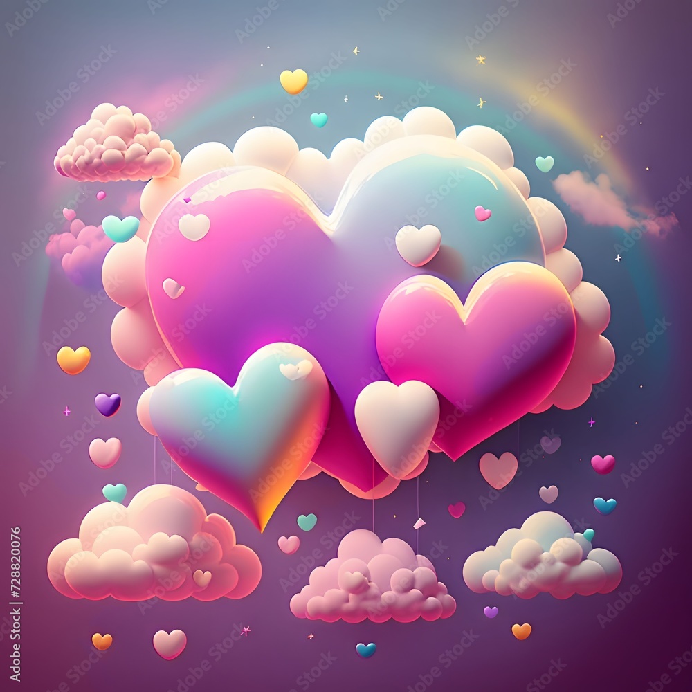 Illustration of colorful cloud hearts on a dark background. Heart as a symbol of affection and love.