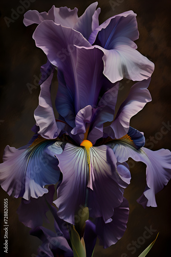 beautiful art with deep lavender purple iris flower against dark abstract  background. close up. paint watercolor style. Ai generated