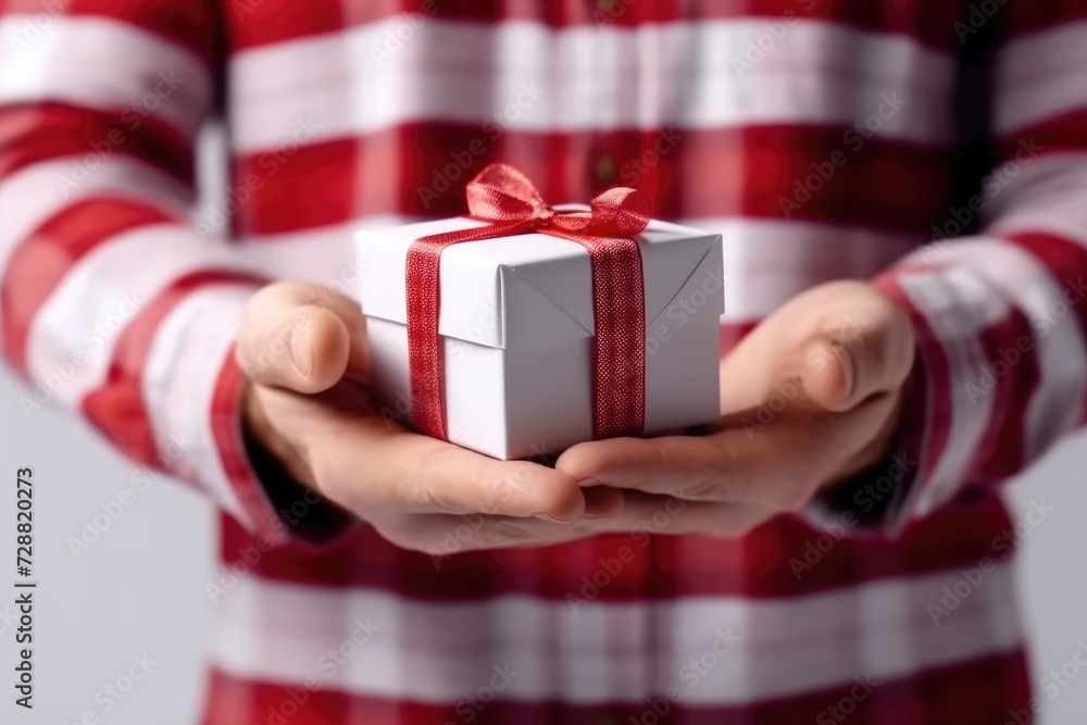 person in a red and white striped shirt holds out a small white gift box with a shimmering red ribbon, offering a token of affection person in a red and white striped shirt holds out a small white gift box with a shimmering red ribbon, offering a token of affection