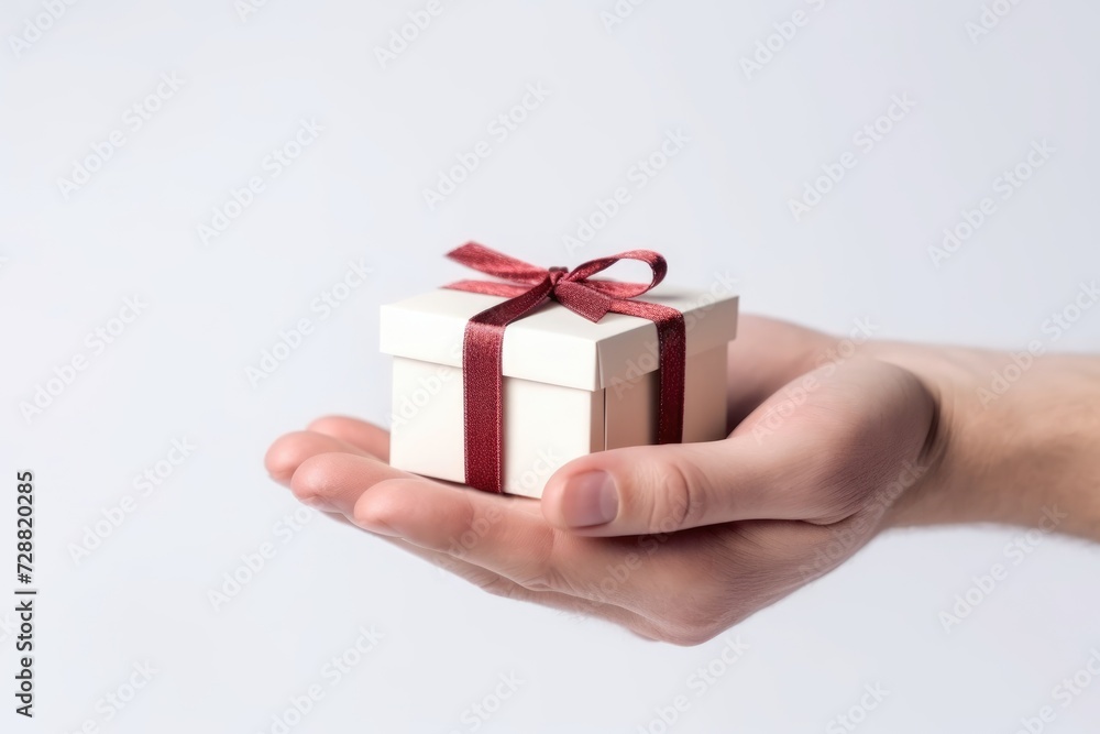 close up of a male hand presenting a small, elegant gift box with a bow, conveying a sense of occasion and generosity close up of a male hand presenting a small, elegant gift box with a bow, conveying a sense of occasion and generosity