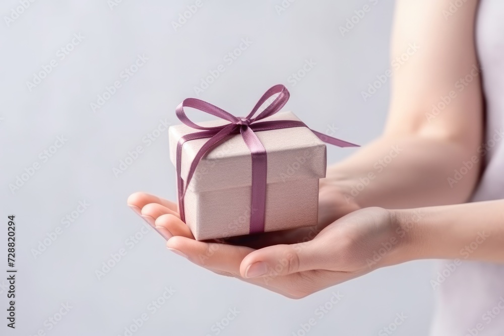 closeup view of a gentle hands presenting a neatly wrapped gift box, symbolizing thoughtfulness and care closeup view of a gentle hands presenting a neatly wrapped gift box, symbolizing thoughtfulness and care