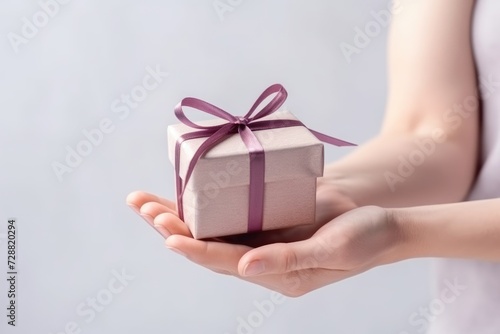 closeup view of a gentle hands presenting a neatly wrapped gift box, symbolizing thoughtfulness and care © gankevstock