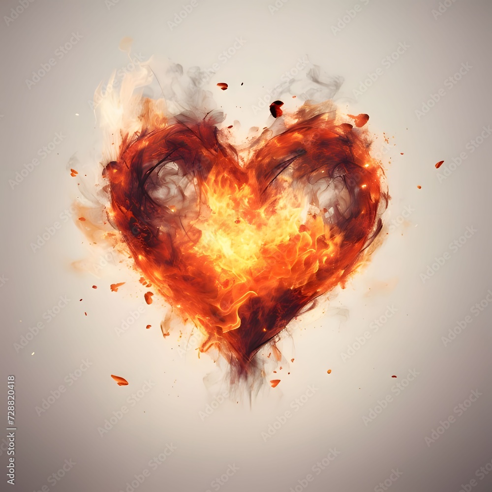 Fiery heart with flames on a gray background. Heart as a symbol of affection and love.