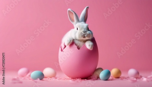 Cute bunny emerging from a large pink egg, surrounded by smaller colorful eggs against a pink background. 