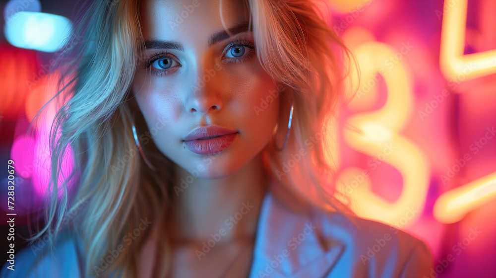 Close-up portrait of young woman posing in red and blue neon light on the night street, hot blonde model wearing white suit