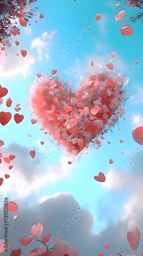 Red heart with pink red rose petals on the background of the sky. Heart as a symbol of affection and love.