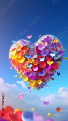 Colorful heart in the sky made of colorful flower petals. Heart as a symbol of affection and love.