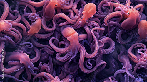  a close up of a bunch of octopus's in purple and orange colors with one octopus sticking out of the middle of the group of the octopus's tentacles.
