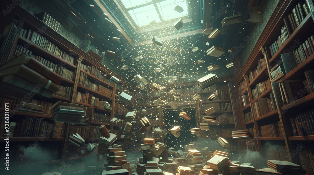 A surreal library where books levitate in mid-air, each one radiating a ...