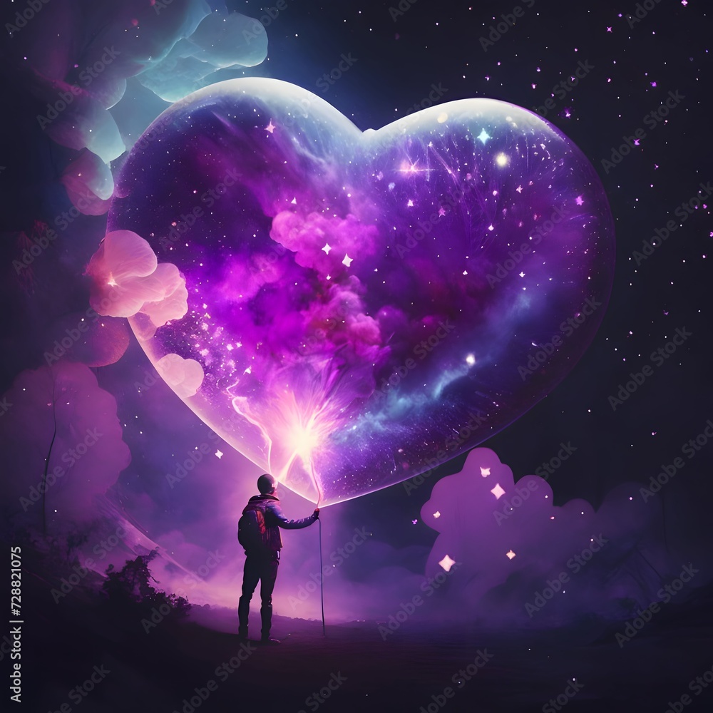 Silhouette of a man in the starry sky. A giant pink heart. Heart as a symbol of affection and love. Silhouette of a man in the starry sky. A giant pink heart. Heart as a symbol of affection and love.