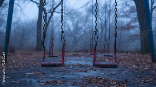 A desolate playground with abandoned swings moving in a ghostly dance, capturing the haunting memories of childhood and the passage of time.