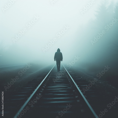A faceless figure walking along a deserted railway track, surrounded by mist, symbolizing the uncertain journey through the mysteries