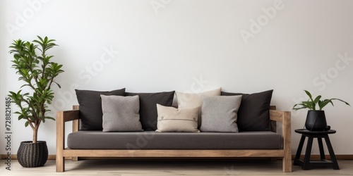 Scandinavian living room with dark pillows on wooden sofa.