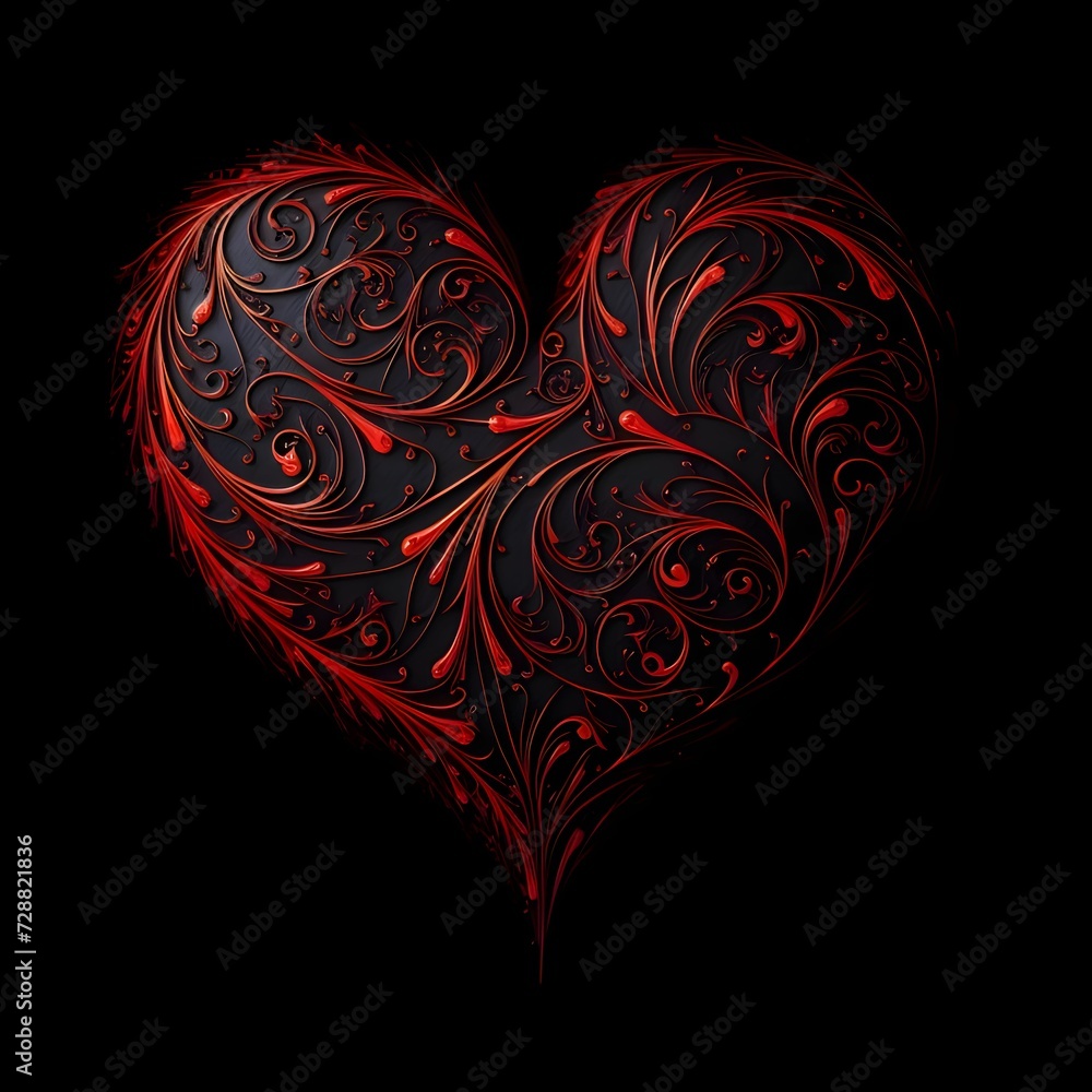 Heart with red decorations abstract on a black background. Heart as a symbol of affection and love.