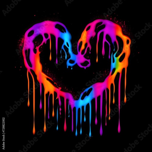 Colorful painted heart with dripping rainbow paint, black background. Heart as a symbol of affection and love.