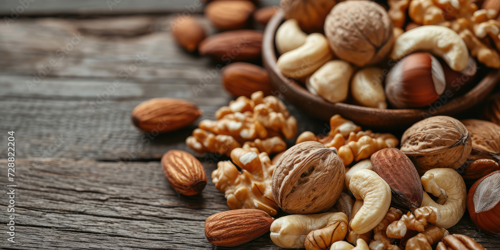 Assorted Nuts on Wooden Background. A nutritious assortment of almonds, cashews, hazelnuts, and walnuts pile, copy space. Assorted Nuts on Wooden Background. A nutritious assortment of almonds, cashews, hazelnuts, and walnuts pile, copy space.