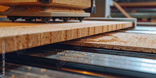 CNC Machine Cutting Chipboard Close-Up. Close-up view of a CNC machine in action, precisely cutting through layers of chipboard, with wood shavings detailing the process.