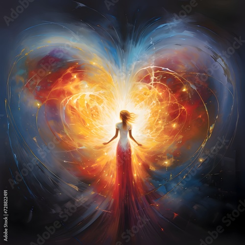 Silhouette of a Woman standing in front of a large heart made of dust, fire, particles, light. Heart as a symbol of affection and love.