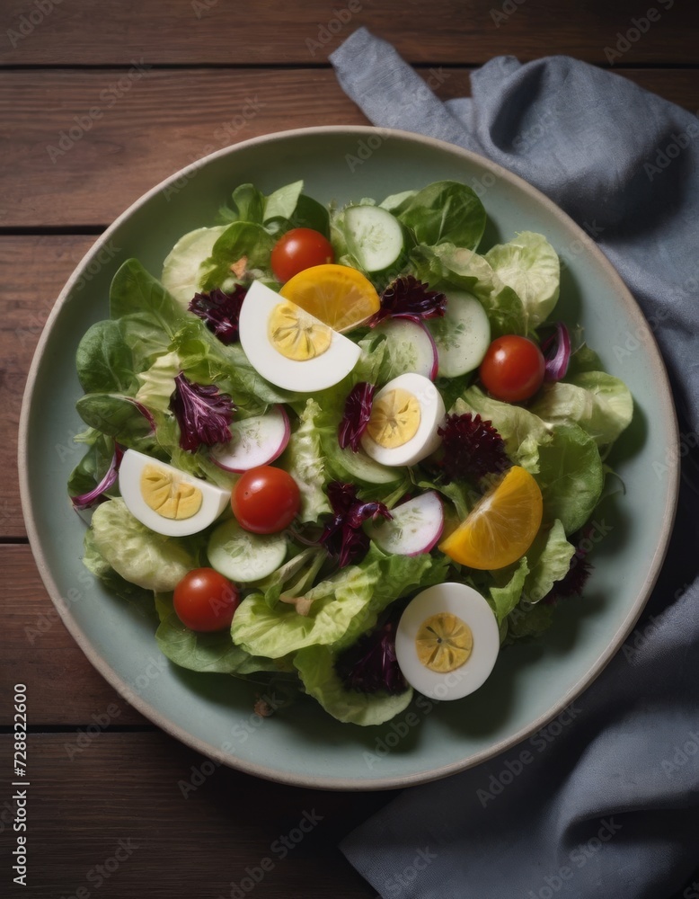 Vegetable salad with eggs in a light plate on a wooden background. Healthy food, keto diet Vegetable salad with eggs in a light plate on a wooden background. Healthy food, keto diet