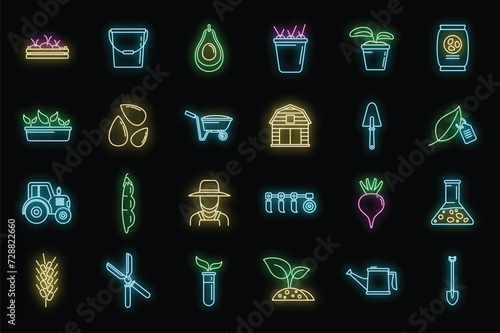 Agronomist tools icons set. Outline set of agronomist tools vector icons neon color on black