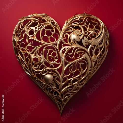 Gold heart with beautiful decorations on a red background. Heart as a symbol of affection and love.