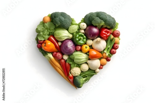 Vegetable and fruit heart. White isolated background. Heart as a symbol of affection and love.