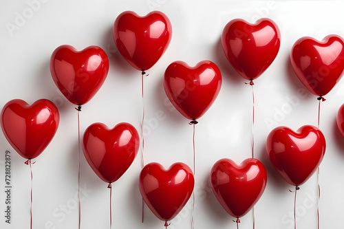 Red heart-shaped balloons on strings. Light background. Heart as a symbol of affection and love.