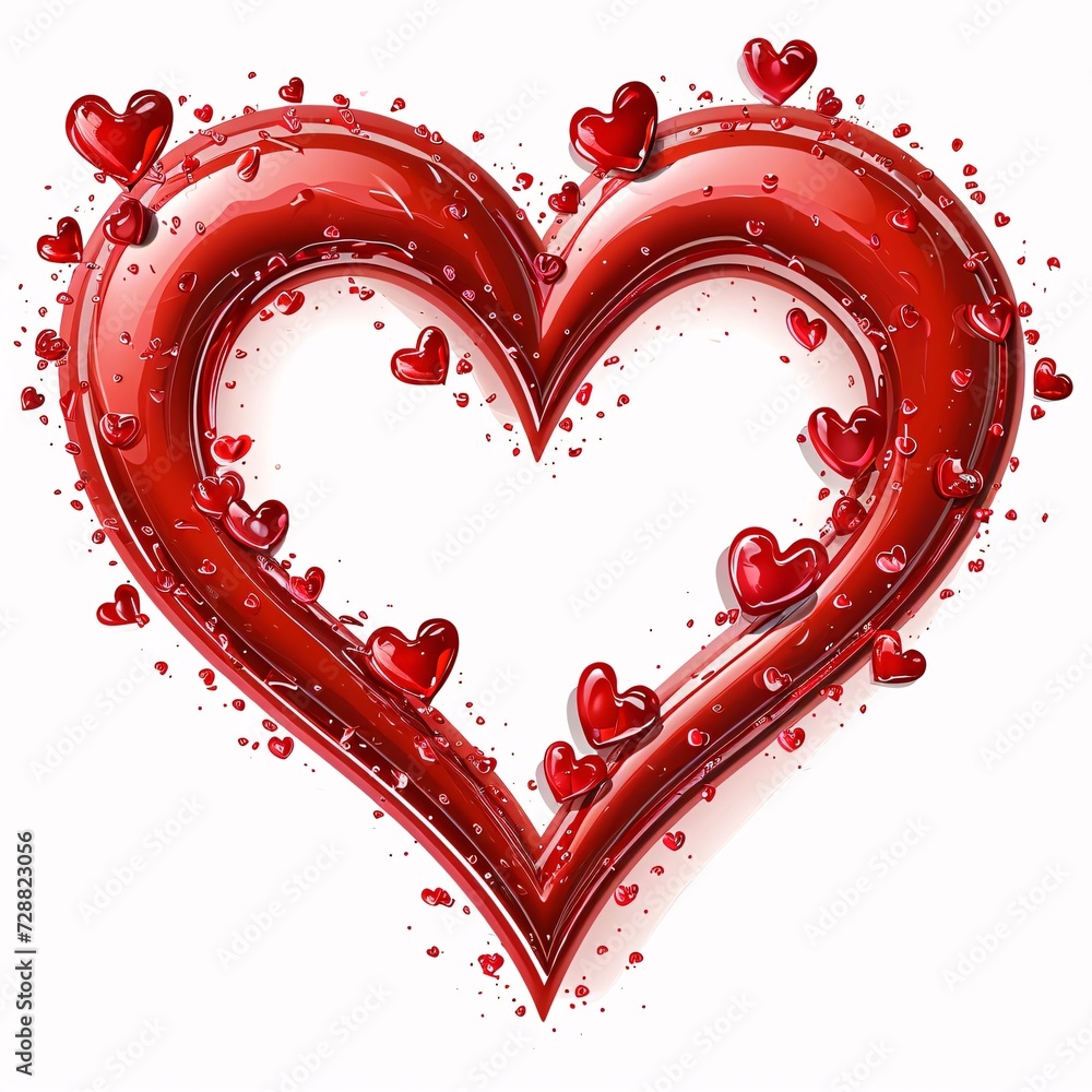 Outline of a red heart with shine around tiny red hearts, white background. Heart as a symbol of affection and love.