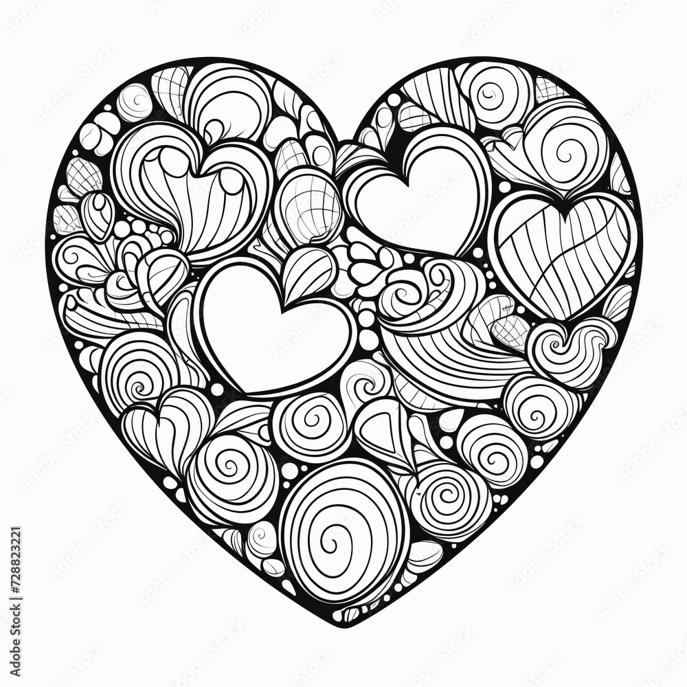 Black and White coloring card, a big heart made of tiny, hearts of flowers leaves. Heart as a symbol of affection and love.