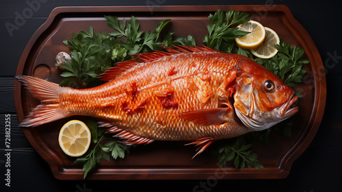 Fresh raw fish with spices to cook with lemon, herbs, on a brown retro board