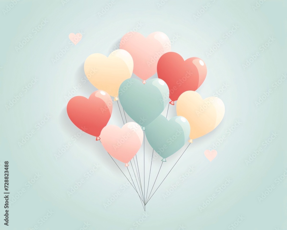 Illustration of colorful heart-shaped balloons tied with strings, uniform light background. Heart as a symbol of affection and love.