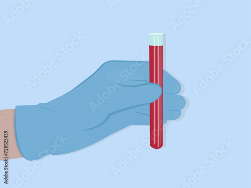 Vector illustration  laboratory assistant, doctor's hand in gloves holding test tube with blood, red liquid.