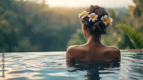 Schöne junge Frau entspannt im Schwimmbad bei Sonnenuntergang, Rückansicht.