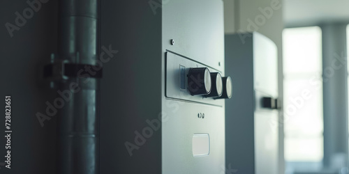 Modern Home Gas Boiler Close-Up. Contemporary home gas boiler control panel with temperature settings, installed in a clean and minimal interior.