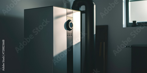 Modern Home Gas Boiler Close-Up. Contemporary home gas boiler control panel with temperature settings, installed in a clean and minimal interior. photo